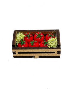 Caja de madera con tomates en miniatura