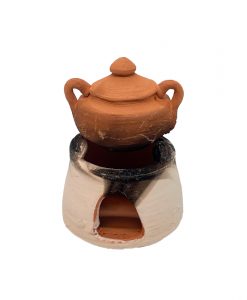 Hornillo con olla de barro en miniatura, decoración para belenes